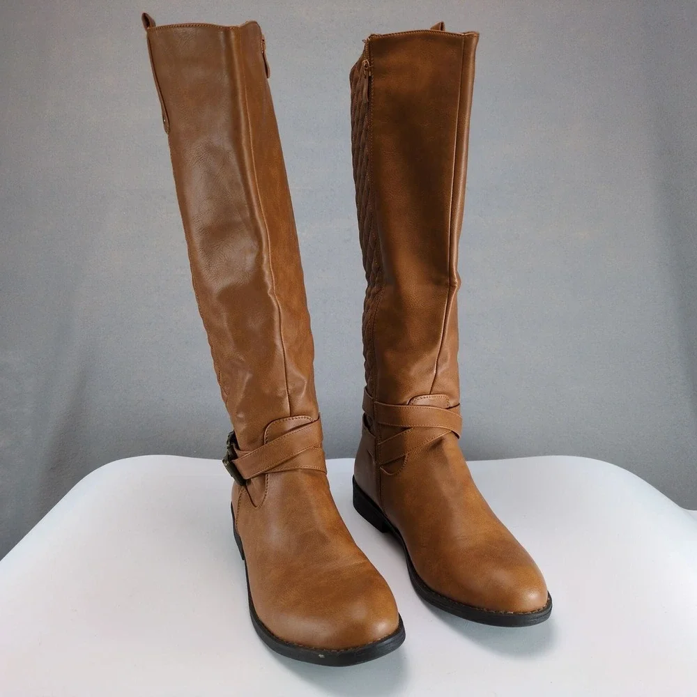 Vepose Camel Quilted Riding Boots Womens 8‎ Knee-High Side Zip Buckle Low Heel